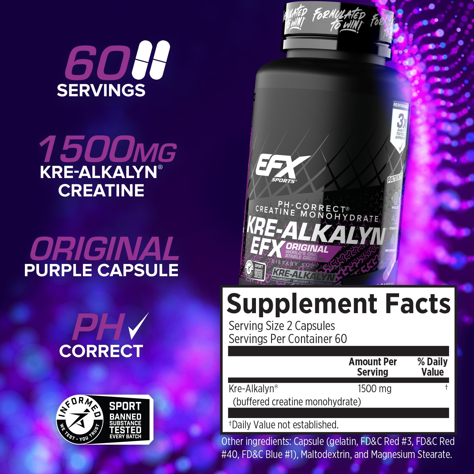 EFX Sports Kre-Alkalyn EFX | pH Correct Creatine Monohydrate Pill Supplement | Strength, Muscle Growth & Performance - Maple Wellness Supplements