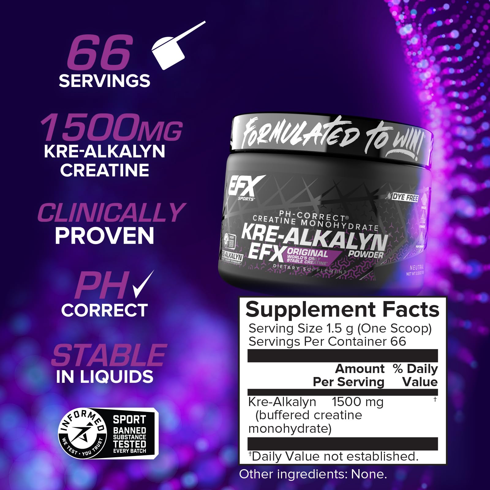EFX Sports Kre-Alkalyn EFX Powder | pH Correct Creatine Monohydrate Powder Supplement | Strength, Muscle Growth & Performance | 66 Servings (Unflavored) - Maple Wellness Supplements