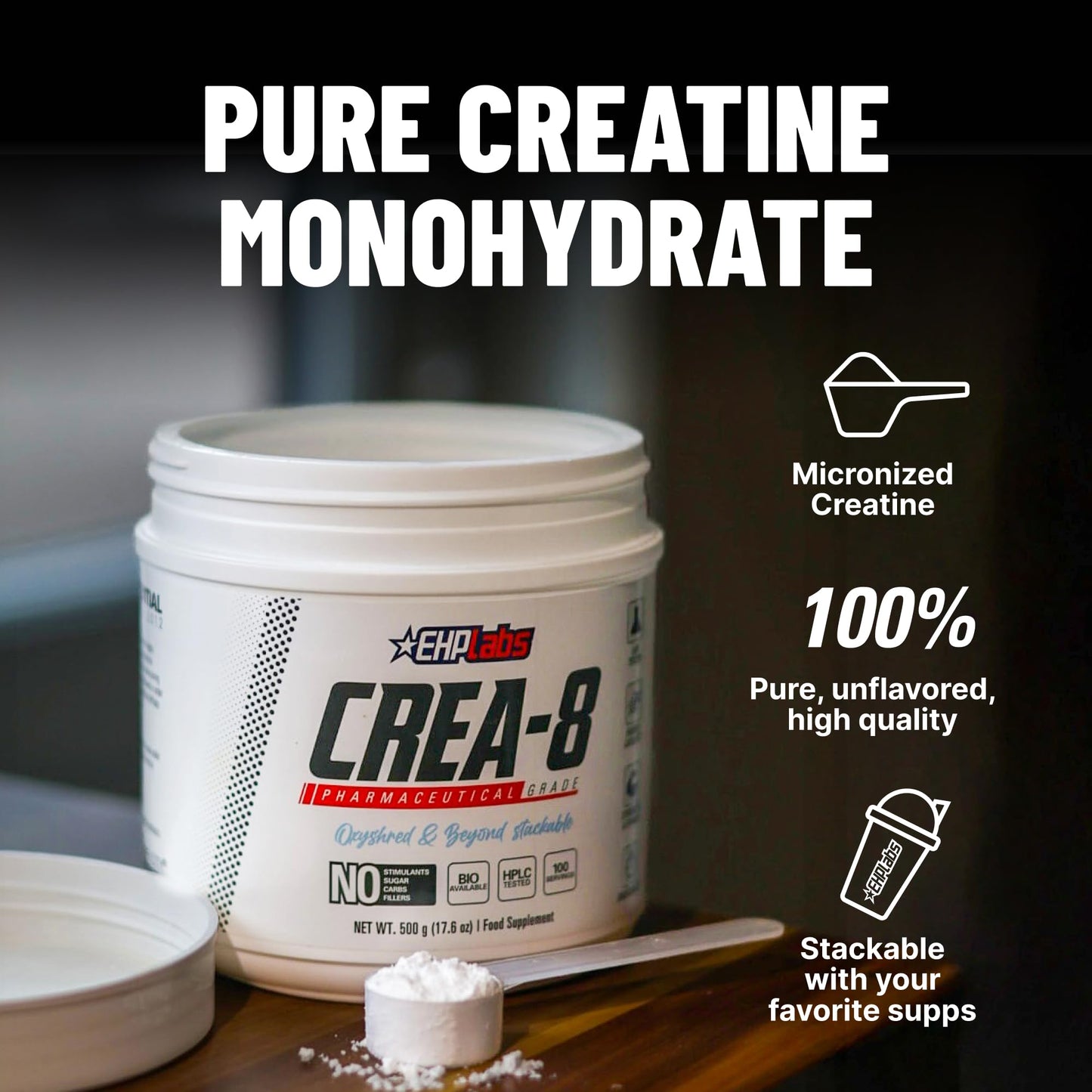 EHP Labs CREA-8 Micronized Creatine Monohydrate Powder - Unflavored Creatine Powder for Muscle Growth, Increased Strength, Enhanced Energy Output - Maple Wellness Supplements
