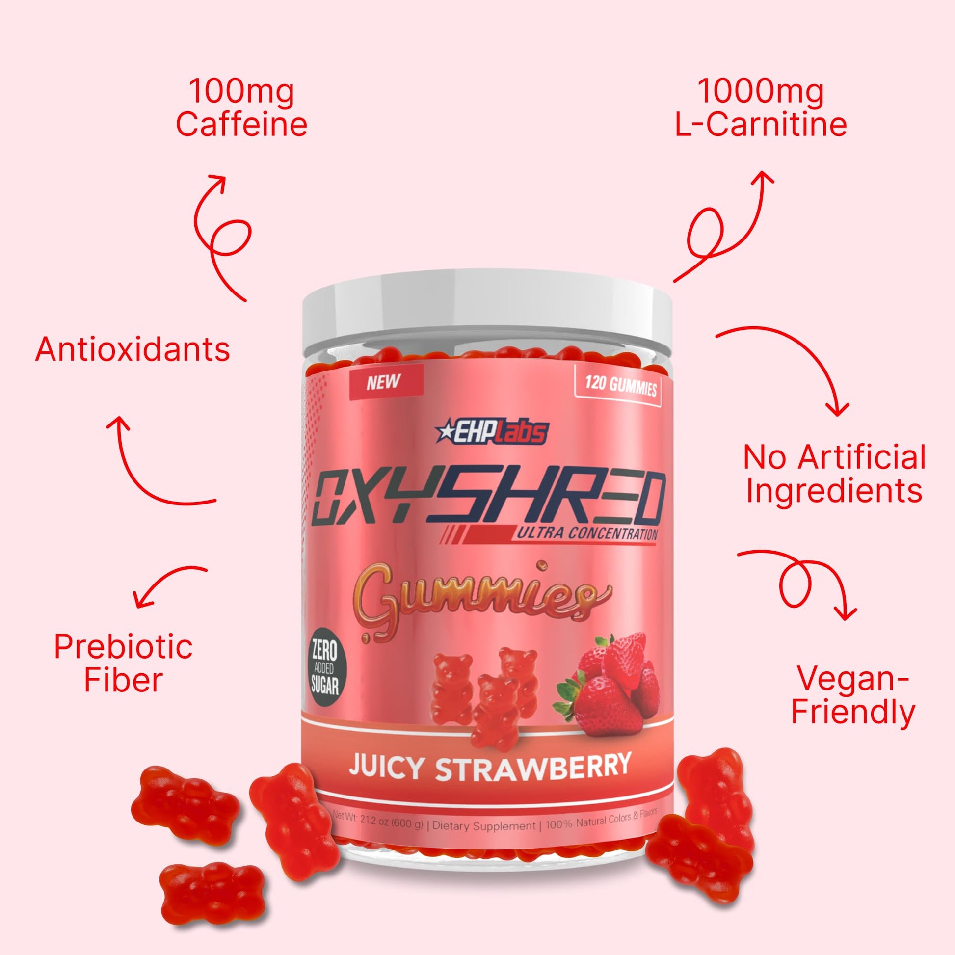 EHP Labs OxyShred Gummies - Pre Workout Gummies & Energy Chews with 100mg Caffeine, L-Carnitine for Thermo & Metabolic Support, All Natural Energy Boost - Maple Wellness Supplements