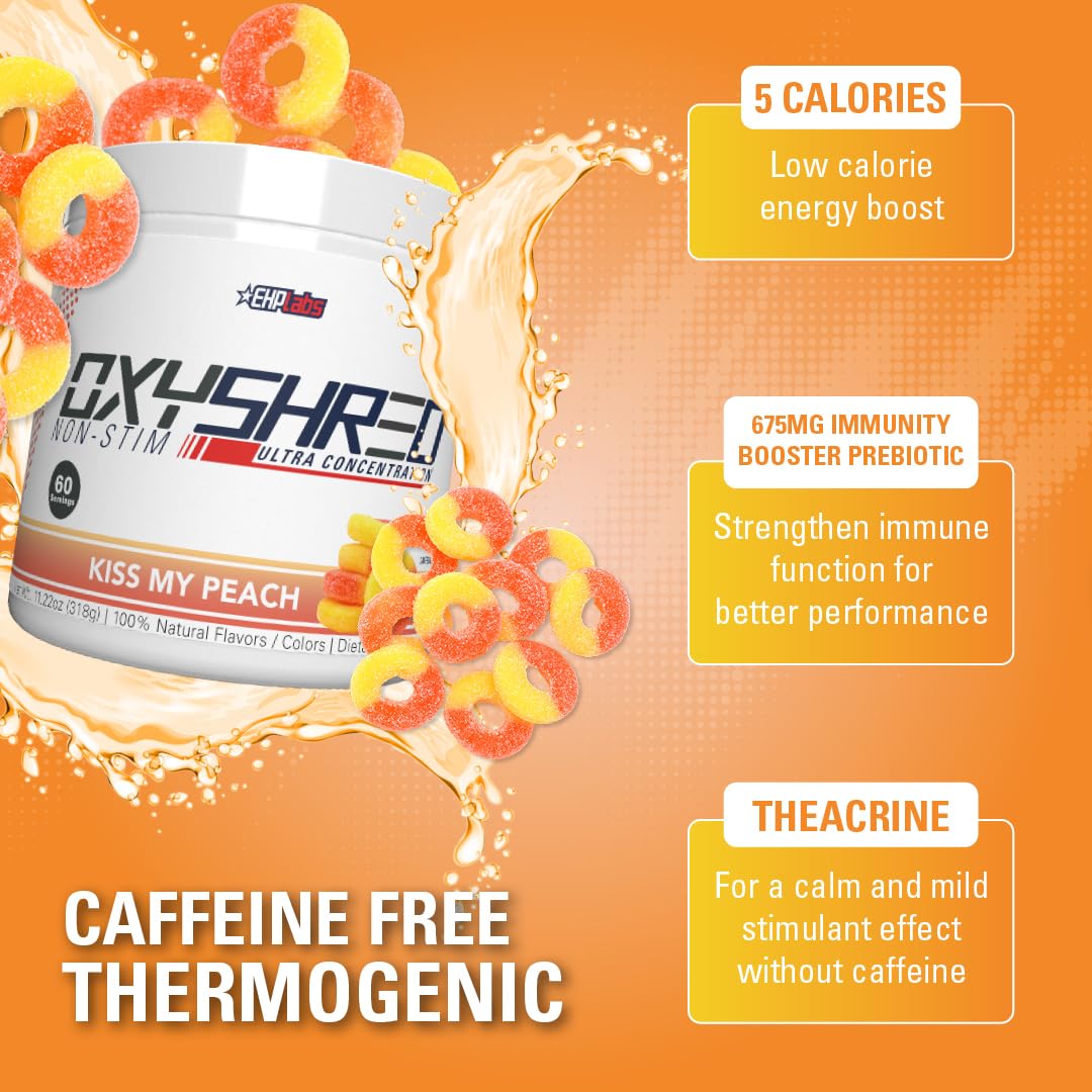 EHP Labs OxyShred Non Stimulant Pre Workout Powder - Stim Free Pre Workout, Caffeine Free Preworkout for Men & Women with L Glutamine & Acetyl L Carnitine - Peach, 60 Servings - Maple Wellness Supplements