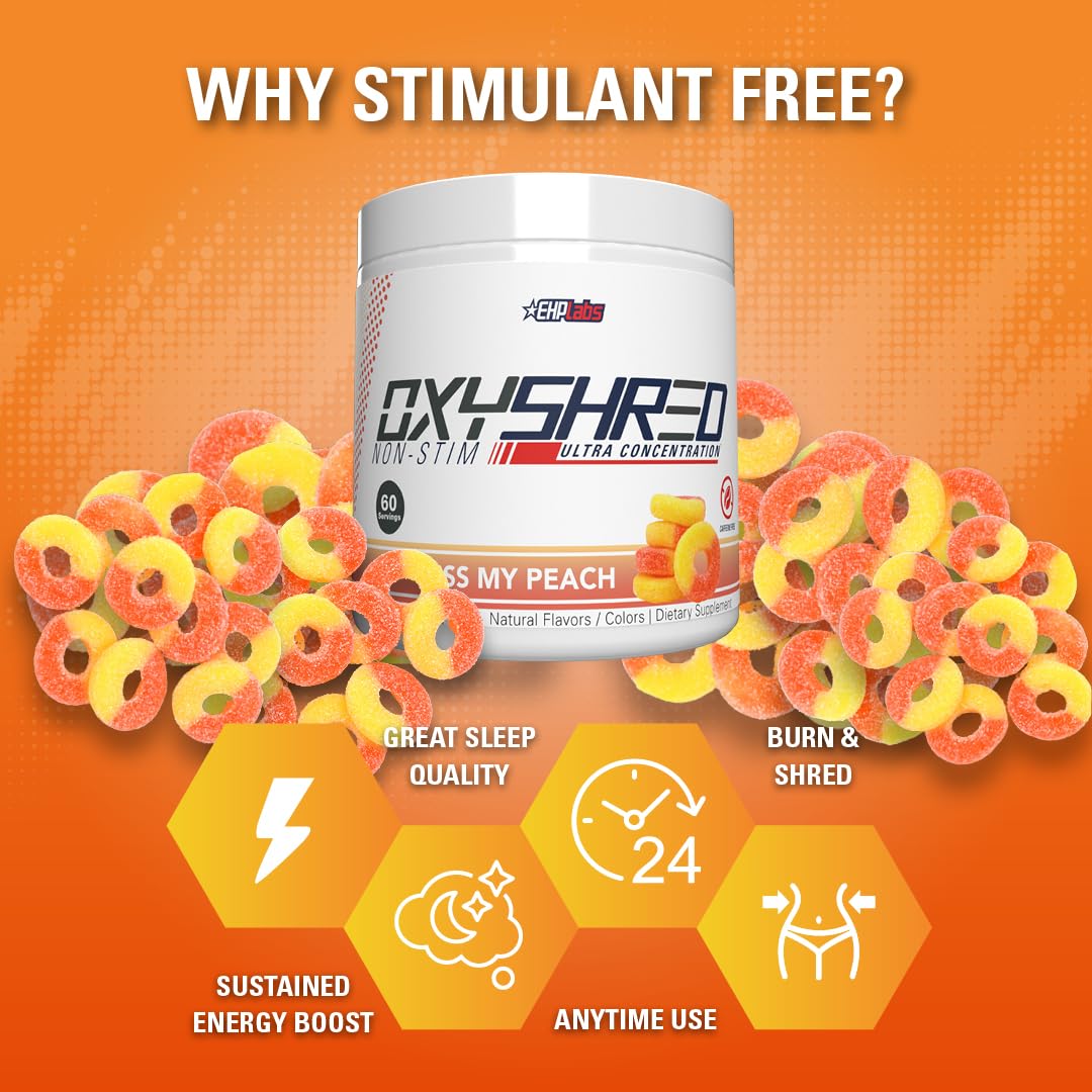 EHP Labs OxyShred Non Stimulant Pre Workout Powder - Stim Free Pre Workout, Caffeine Free Preworkout for Men & Women with L Glutamine & Acetyl L Carnitine - Peach, 60 Servings - Maple Wellness Supplements