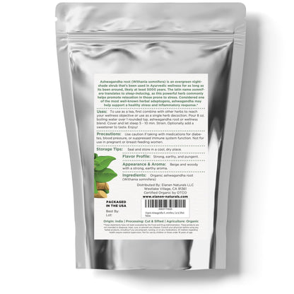Elanen Naturals Organic Ashwagandha Root 4 oz. (113g), USDA Certified Organic Ashwagandha Root Loose Leaf Tea, Dried Withania somnifera, Cut & Sifted - Maple Wellness Supplements