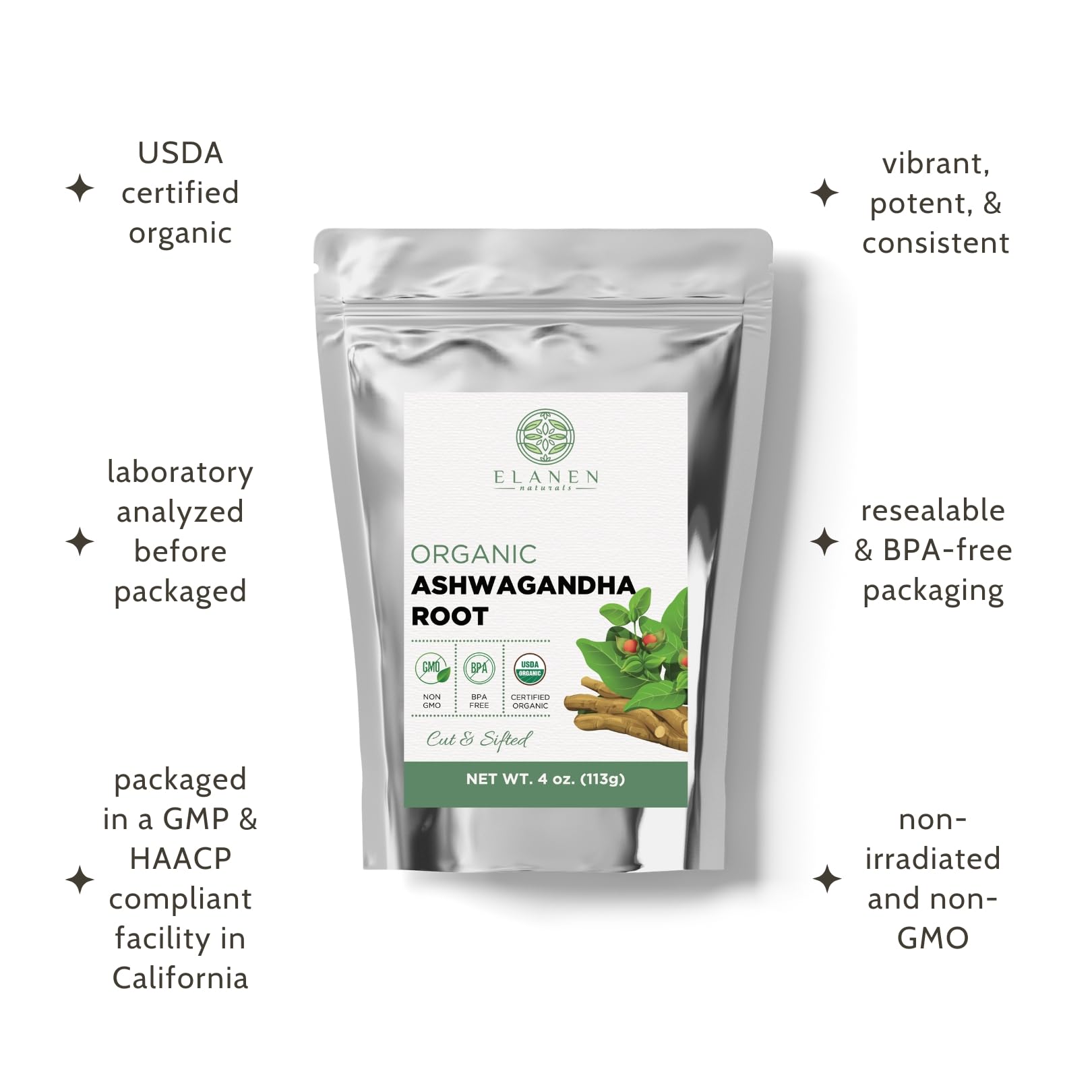 Elanen Naturals Organic Ashwagandha Root 4 oz. (113g), USDA Certified Organic Ashwagandha Root Loose Leaf Tea, Dried Withania somnifera, Cut & Sifted - Maple Wellness Supplements
