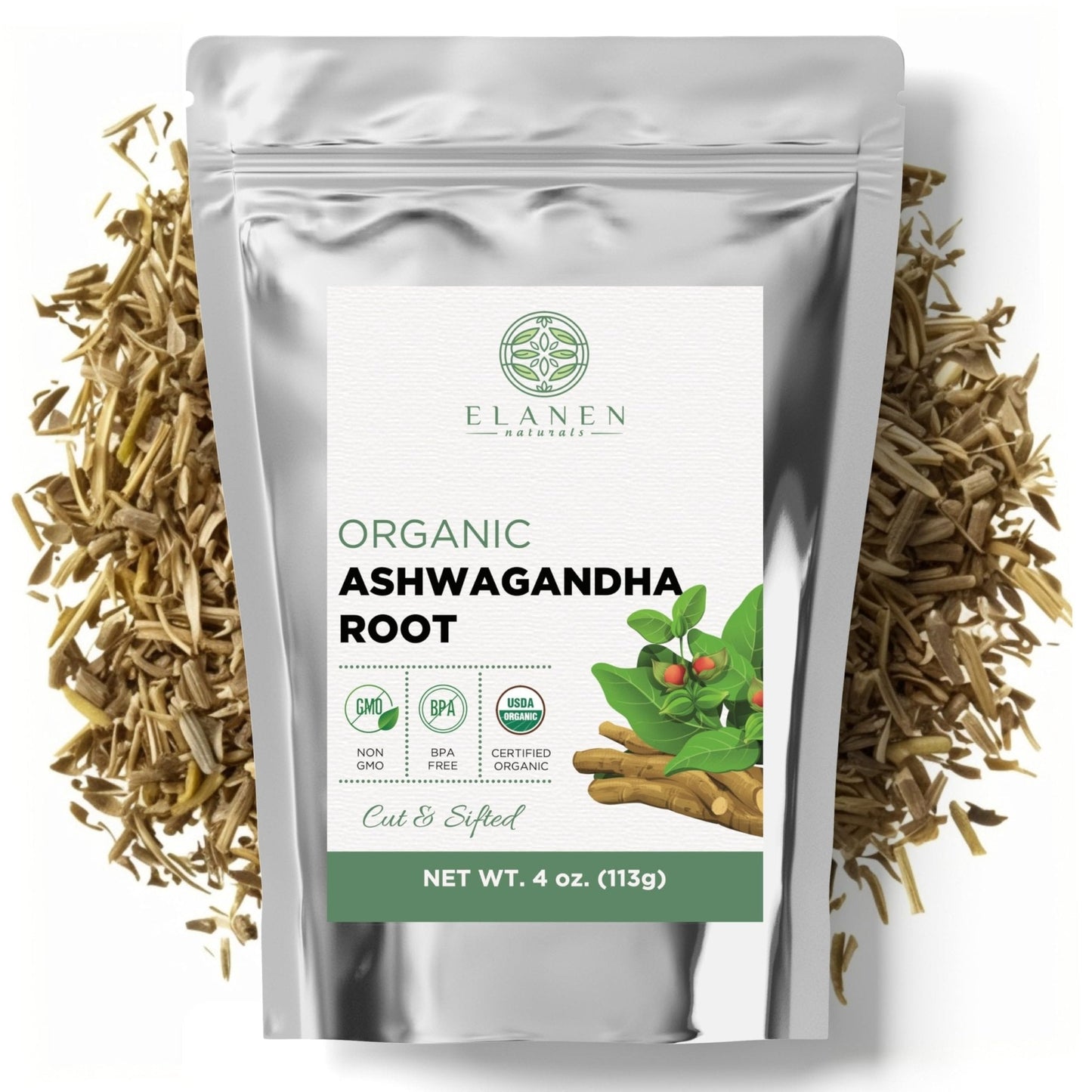 Elanen Naturals Organic Ashwagandha Root 4 oz. (113g), USDA Certified Organic Ashwagandha Root Loose Leaf Tea, Dried Withania somnifera, Cut & Sifted - Maple Wellness Supplements