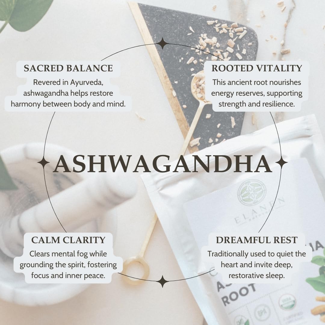 Elanen Naturals Organic Ashwagandha Root 4 oz. (113g), USDA Certified Organic Ashwagandha Root Loose Leaf Tea, Dried Withania somnifera, Cut & Sifted - Maple Wellness Supplements