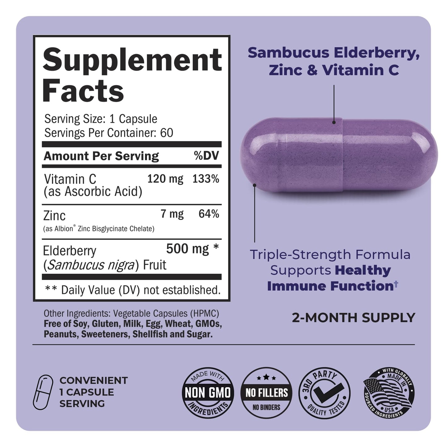 Elderberry Capsules with Zinc and Vitamin C for Adults - Immune Support Vitamins for Women and Men - Black Sambucus Elderberry Vitamin C and Zinc - Maple Wellness Supplements