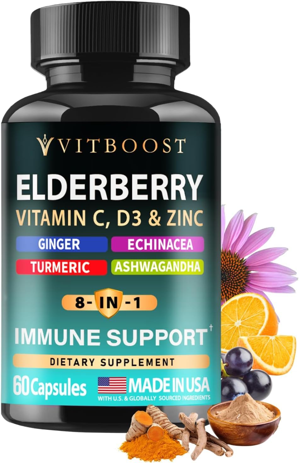 Elderberry Immune Support Supplement 8-in-1 Formula with Echinacea, Vitamin C & Zinc, Vitamin D 5000 IU, Turmeric, Ginger, Ashwagandha – 60 Capsules - Maple Wellness Supplements
