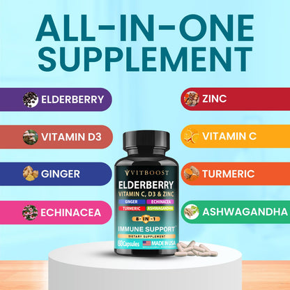 Elderberry Immune Support Supplement 8-in-1 Formula with Echinacea, Vitamin C & Zinc, Vitamin D 5000 IU, Turmeric, Ginger, Ashwagandha – 60 Capsules - Maple Wellness Supplements