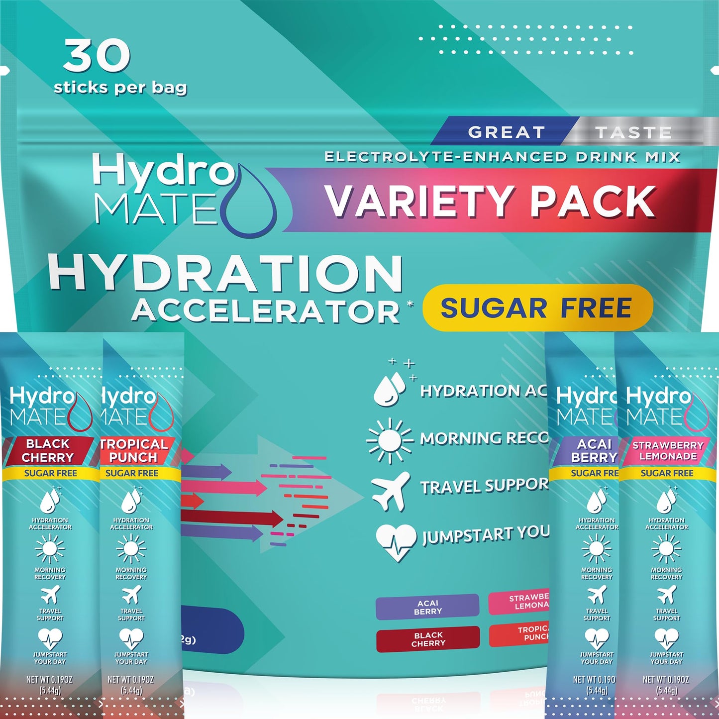 Electrolyte Powder Sugar-Free Hydration Packets Variety Pack HydroMATE 30 Sticks - Maple Wellness Supplements