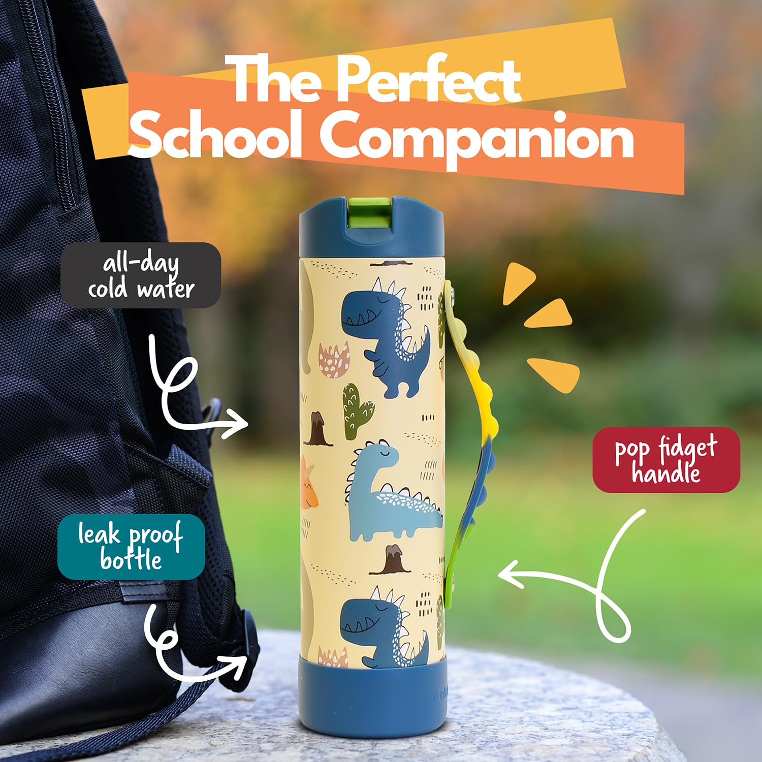 Elemental Iconic Kids Water Bottle for School - 100% Leak-Proof Insulated Water Bottles with Straw Lid & Pop-It Handle for Boys & Girls - Triple-Wall Insulated & BPA-Free, 20oz – Dinosaur - Maple Wellness Supplements