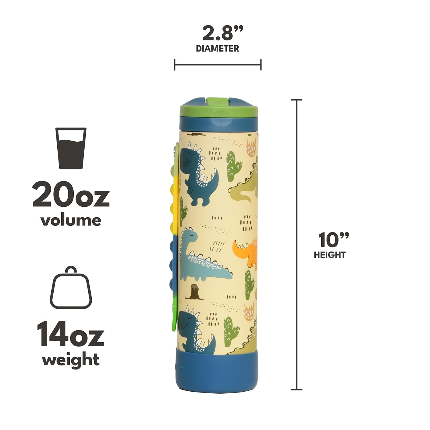 Elemental Iconic Kids Water Bottle for School - 100% Leak-Proof Insulated Water Bottles with Straw Lid & Pop-It Handle for Boys & Girls - Triple-Wall Insulated & BPA-Free, 20oz – Dinosaur - Maple Wellness Supplements