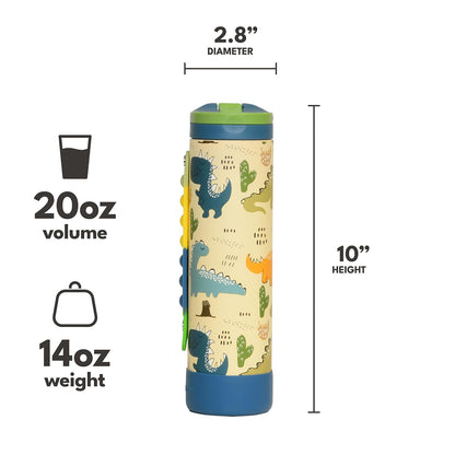 Elemental Iconic Kids Water Bottle for School - 100% Leak-Proof Insulated Water Bottles with Straw Lid & Pop-It Handle for Boys & Girls - Triple-Wall Insulated & BPA-Free, 20oz – Dinosaur - Maple Wellness Supplements