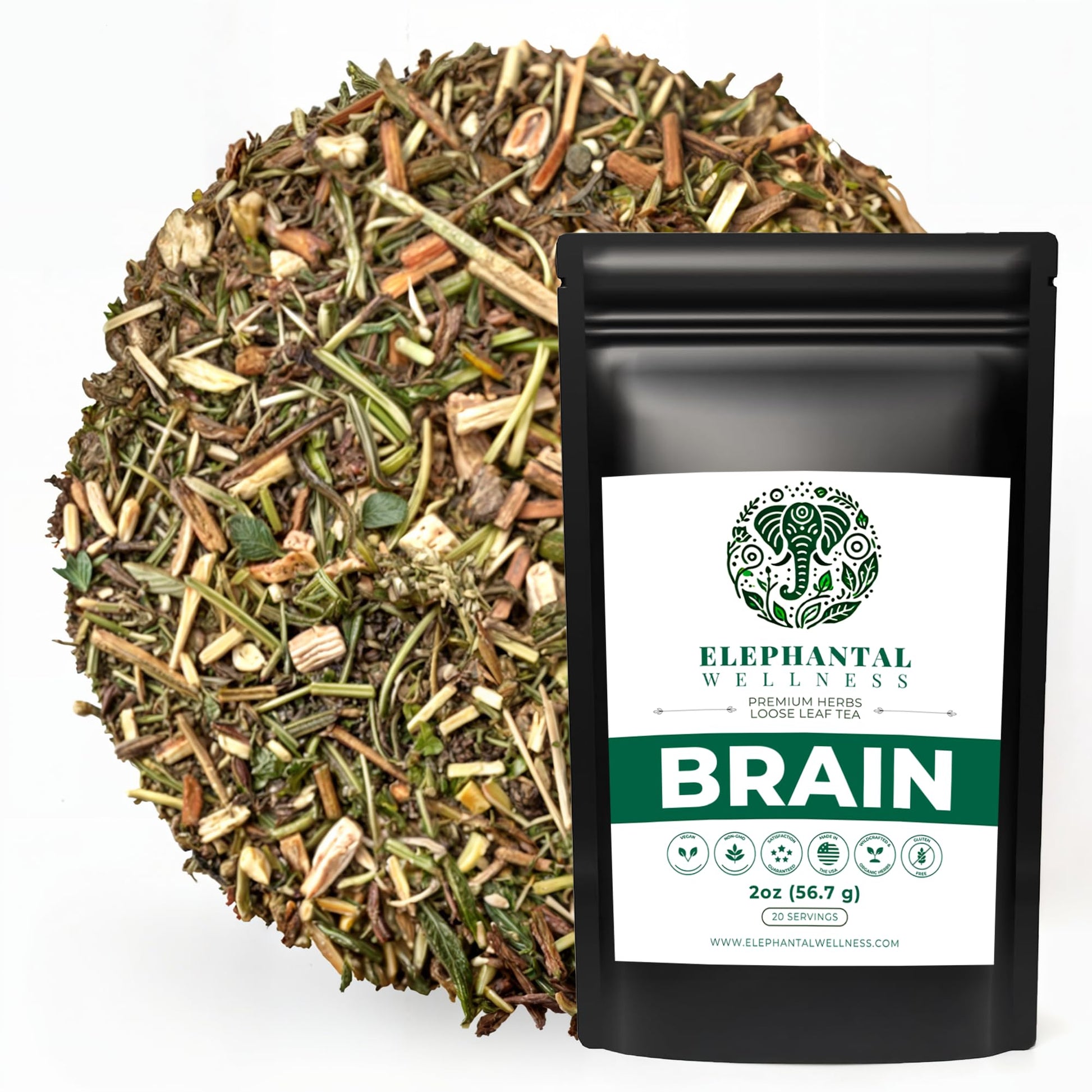Elephantal Wellness Premium Brain Herbal Tea | Nootropic Focus & Mental Clarity with Ginkgo, Bacopa, Gotu Kola & Rosemary | Non-GMO, Caffeine-Free Coffee Alternative, Handmade Loose Leaf Blend, 2oz Loose Leaf, 20 Servings - Maple Wellness Supplements