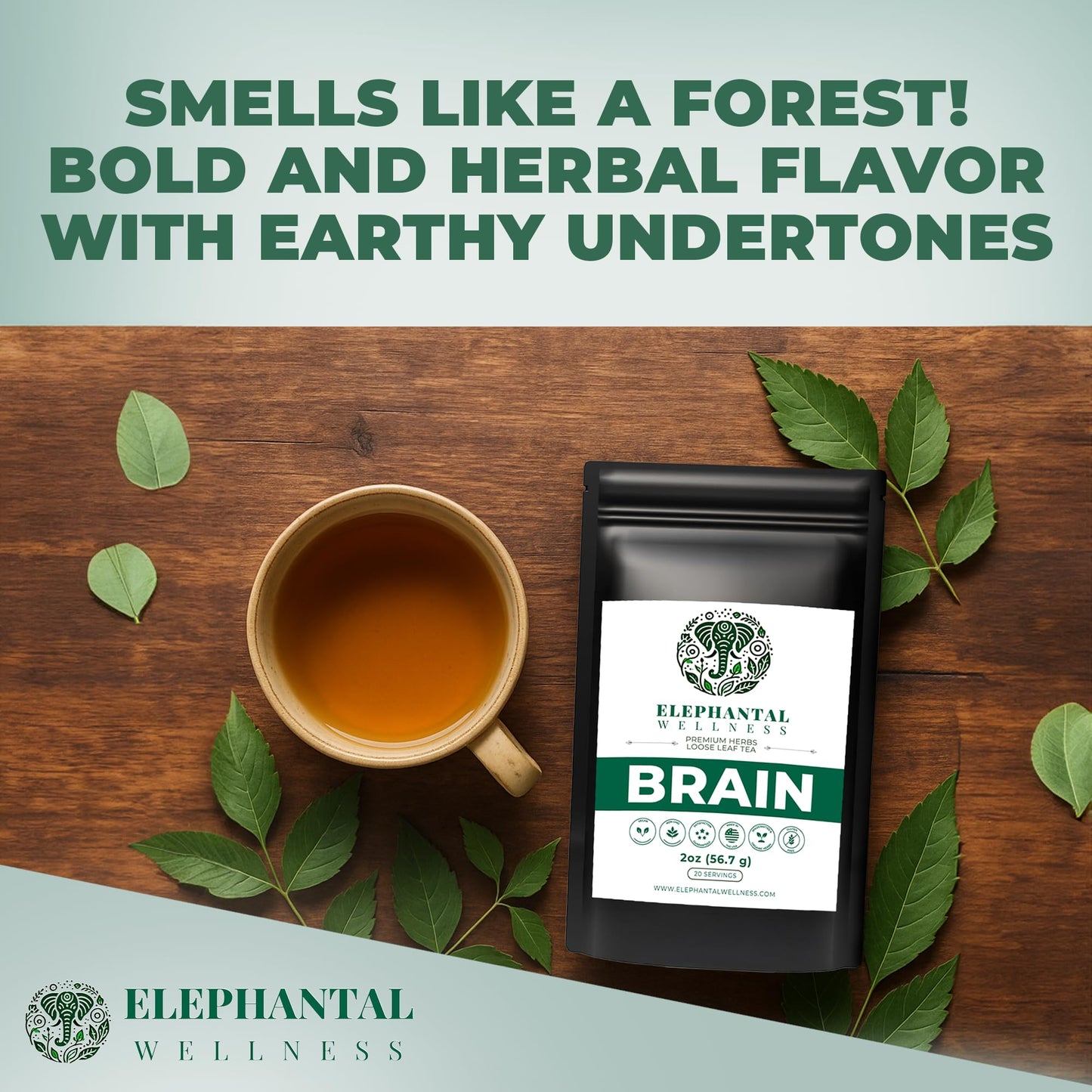 Elephantal Wellness Premium Brain Herbal Tea | Nootropic Focus & Mental Clarity with Ginkgo, Bacopa, Gotu Kola & Rosemary | Non-GMO, Caffeine-Free Coffee Alternative, Handmade Loose Leaf Blend, 2oz Loose Leaf, 20 Servings - Maple Wellness Supplements