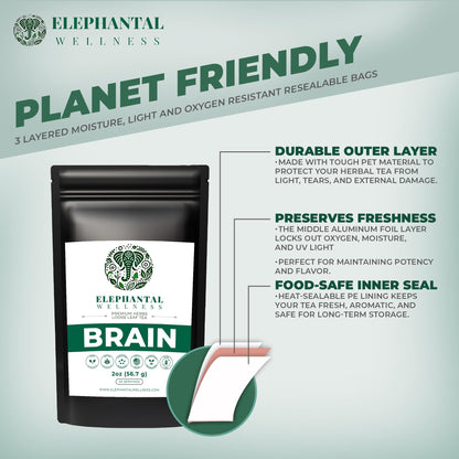 Elephantal Wellness Premium Brain Herbal Tea | Nootropic Focus & Mental Clarity with Ginkgo, Bacopa, Gotu Kola & Rosemary | Non-GMO, Caffeine-Free Coffee Alternative, Handmade Loose Leaf Blend, 2oz Loose Leaf, 20 Servings - Maple Wellness Supplements