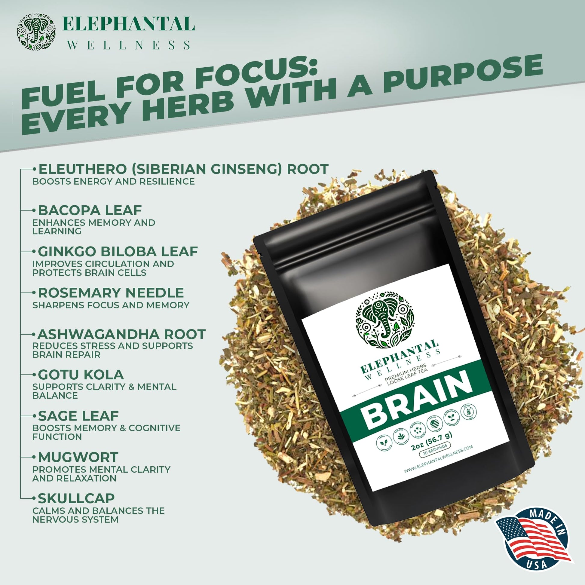 Elephantal Wellness Premium Brain Herbal Tea | Nootropic Focus & Mental Clarity with Ginkgo, Bacopa, Gotu Kola & Rosemary | Non-GMO, Caffeine-Free Coffee Alternative, Handmade Loose Leaf Blend, 2oz Loose Leaf, 20 Servings - Maple Wellness Supplements