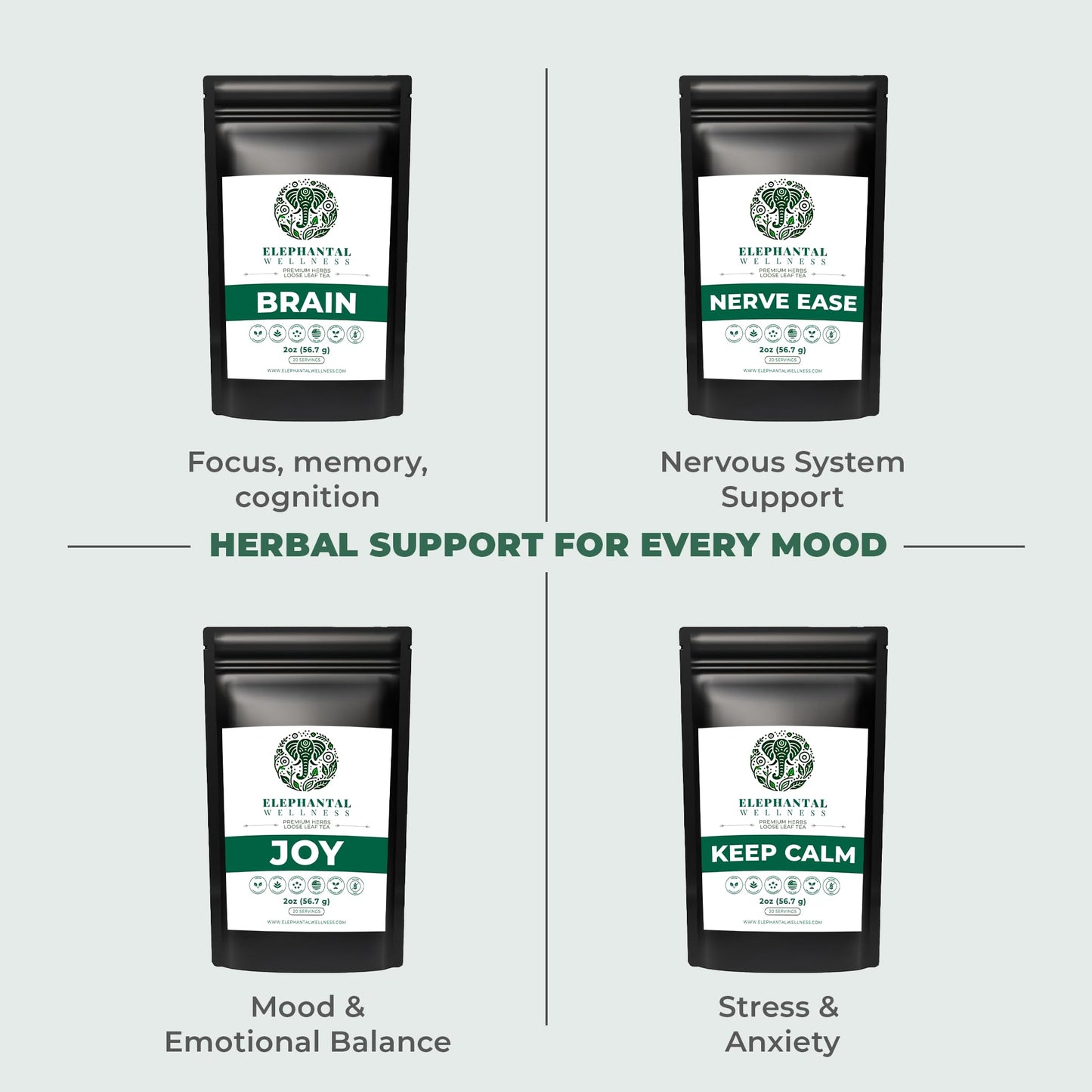 Elephantal Wellness Premium Brain Herbal Tea | Nootropic Focus & Mental Clarity with Ginkgo, Bacopa, Gotu Kola & Rosemary | Non-GMO, Caffeine-Free Coffee Alternative, Handmade Loose Leaf Blend, 2oz Loose Leaf, 20 Servings - Maple Wellness Supplements