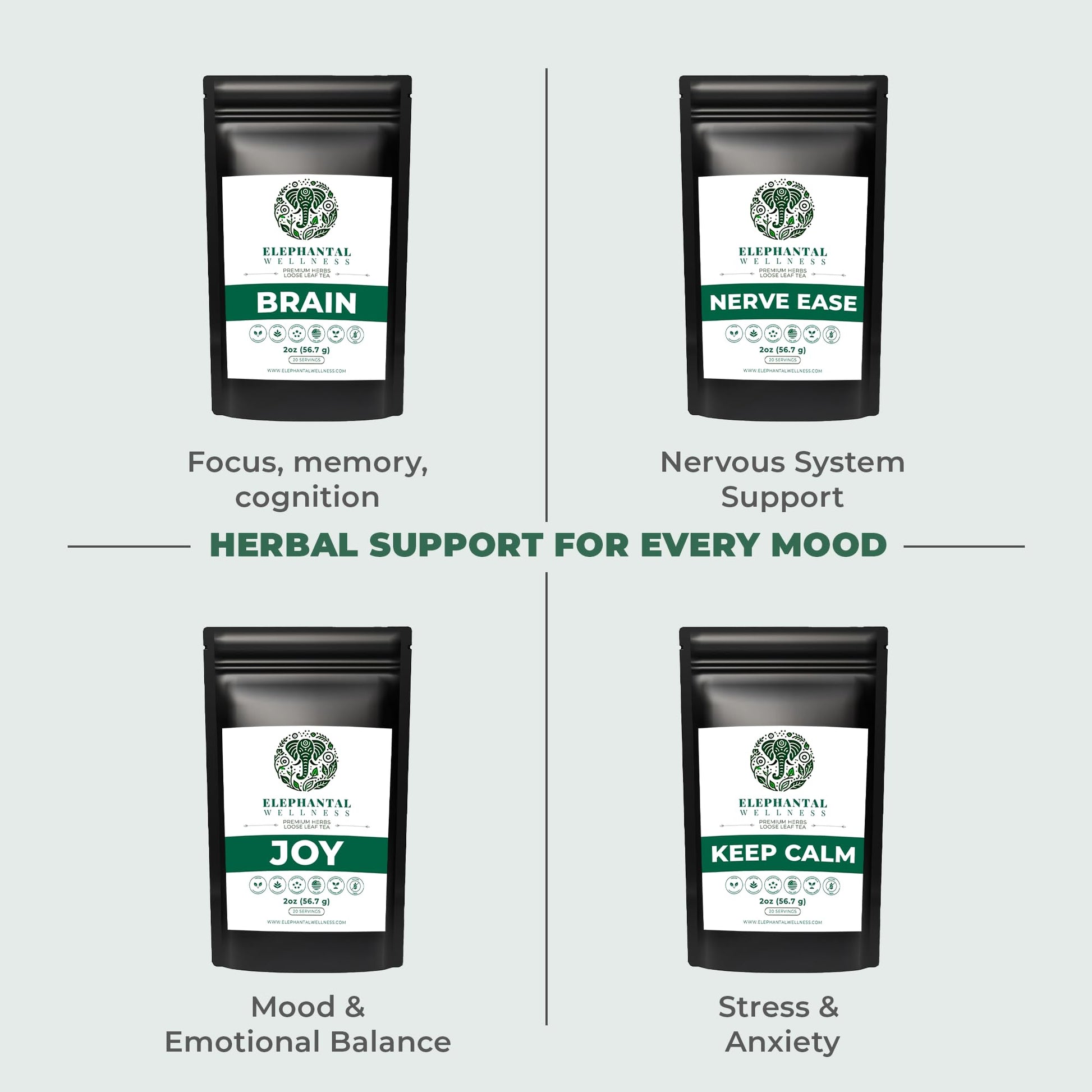 Elephantal Wellness Premium Brain Herbal Tea | Nootropic Focus & Mental Clarity with Ginkgo, Bacopa, Gotu Kola & Rosemary | Non-GMO, Caffeine-Free Coffee Alternative, Handmade Loose Leaf Blend, 2oz Loose Leaf, 20 Servings - Maple Wellness Supplements