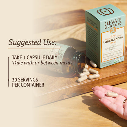 ELEVATE ORGANIC Regenerative Fermented KSM-66 Ashwagandha Vegan Capsules with Acti Veda™ (600mg, 30 Servings), Up to 150% More Effective Than KSM-66 Alone - Maple Wellness Supplements