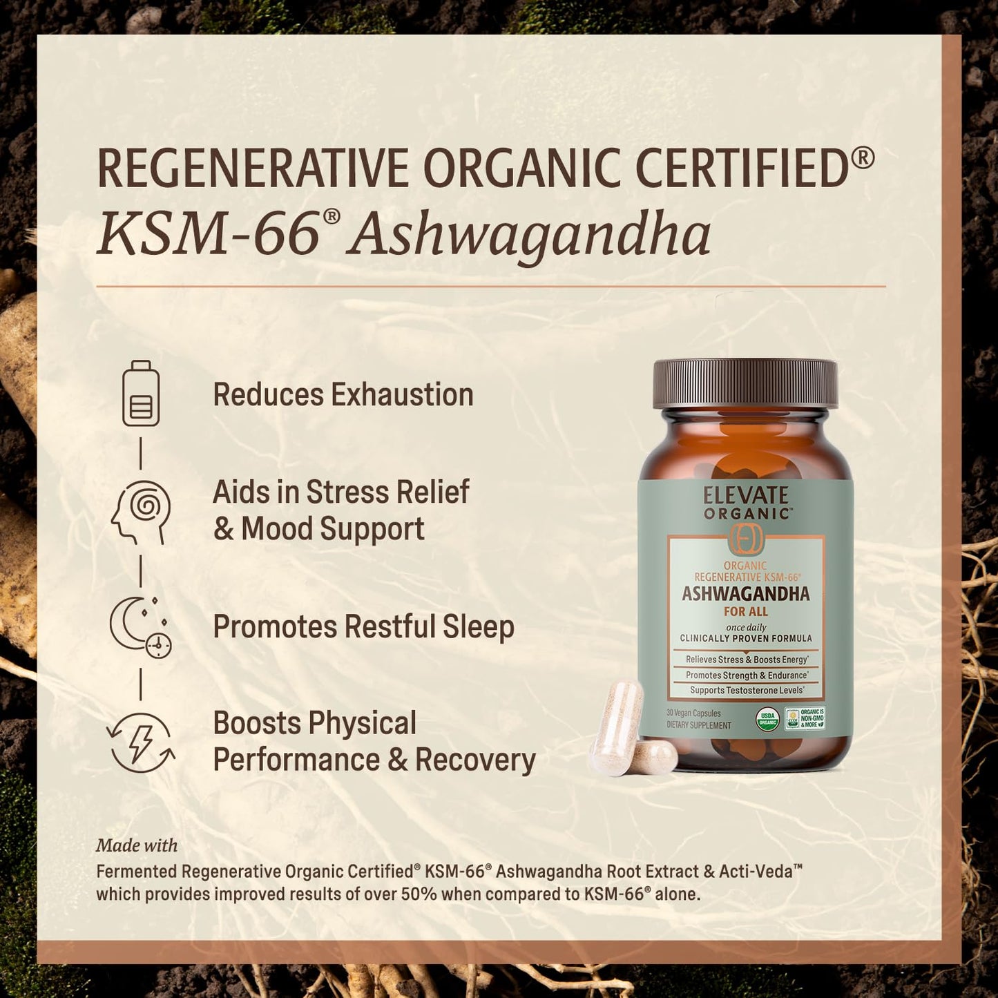 ELEVATE ORGANIC Regenerative Fermented KSM-66 Ashwagandha Vegan Capsules with Acti Veda™ (600mg, 30 Servings), Up to 150% More Effective Than KSM-66 Alone - Maple Wellness Supplements