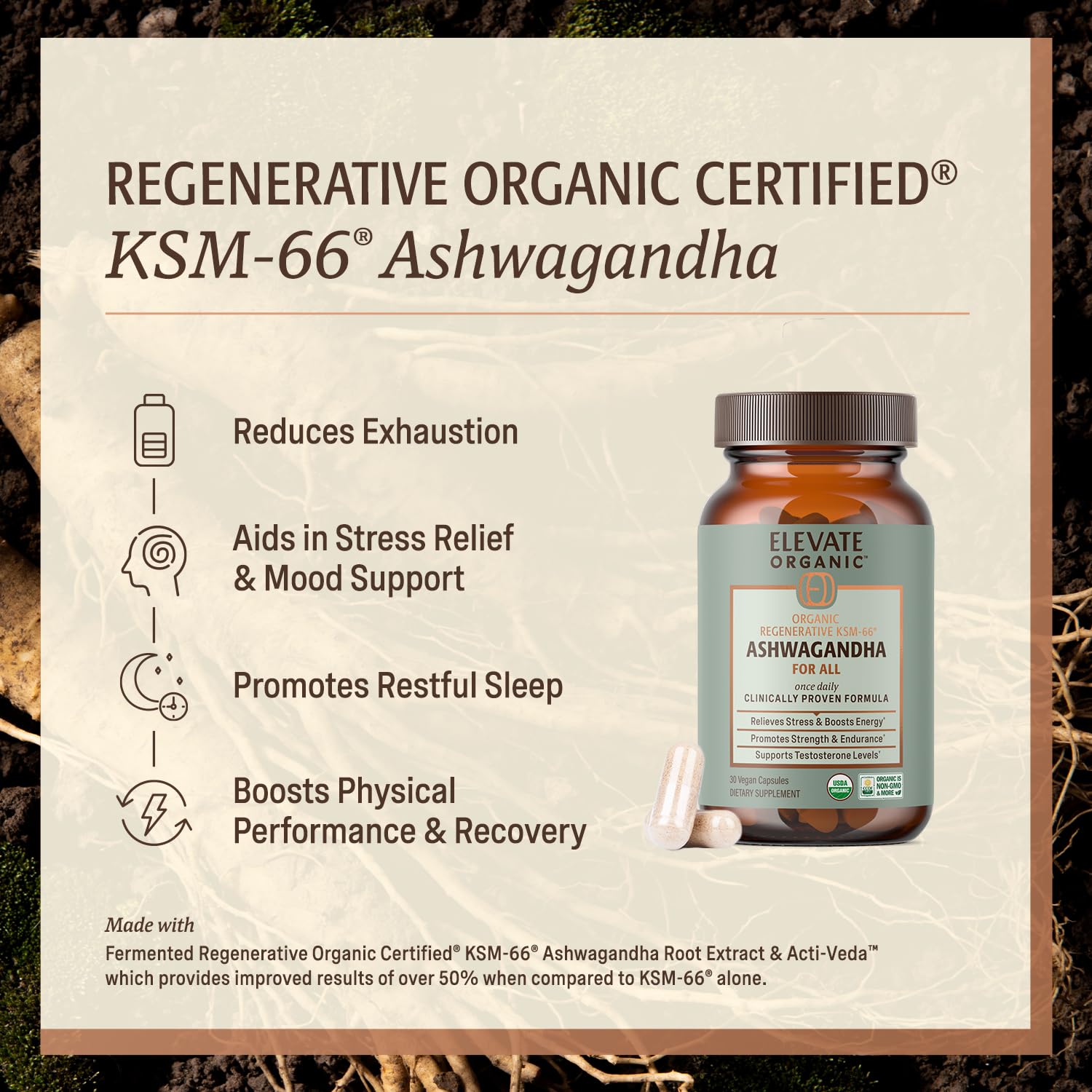 ELEVATE ORGANIC Regenerative Fermented KSM-66 Ashwagandha Vegan Capsules with Acti Veda™ (600mg, 30 Servings), Up to 150% More Effective Than KSM-66 Alone - Maple Wellness Supplements