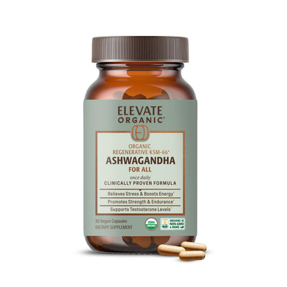 ELEVATE ORGANIC Regenerative Fermented KSM-66 Ashwagandha Vegan Capsules with Acti Veda™ (600mg, 30 Servings), Up to 150% More Effective Than KSM-66 Alone - Maple Wellness Supplements