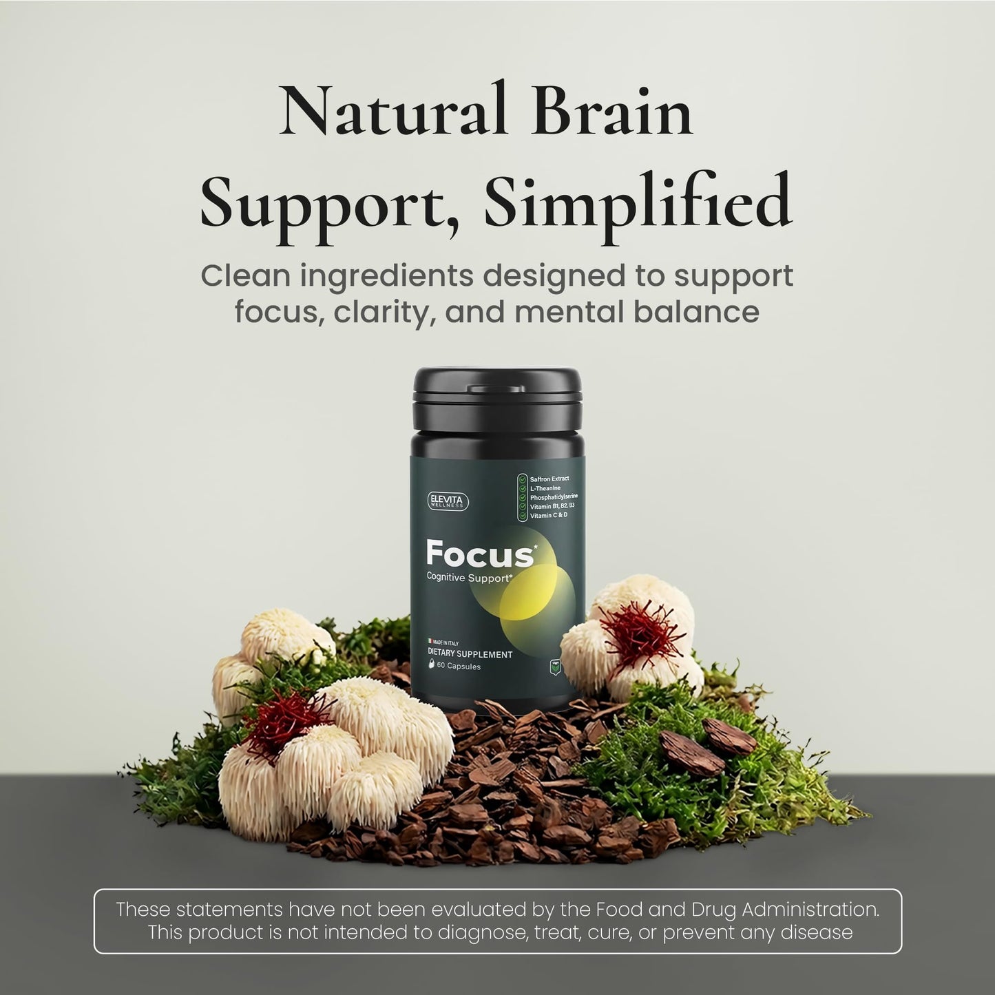 ELEVITA WELLNESS Focus Supplement (Made in Italy) | Premium Blend with L-Theanine, Lion's Mane & B Vitamins, Saffron and Vitamin D | Focus & Cognitive Support for Men & Women - Maple Wellness Supplements