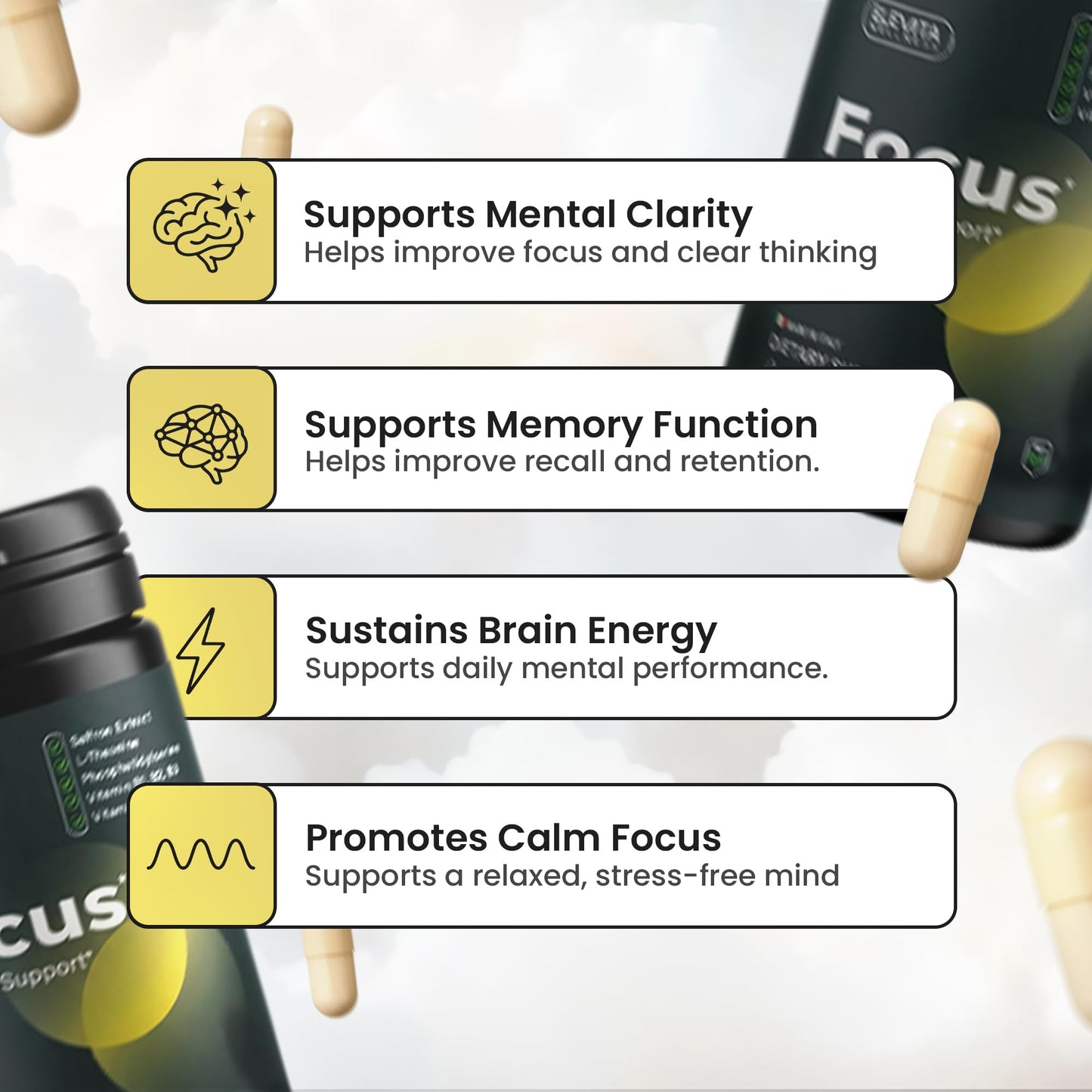 ELEVITA WELLNESS Focus Supplement (Made in Italy) | Premium Blend with L-Theanine, Lion's Mane & B Vitamins, Saffron and Vitamin D | Focus & Cognitive Support for Men & Women - Maple Wellness Supplements