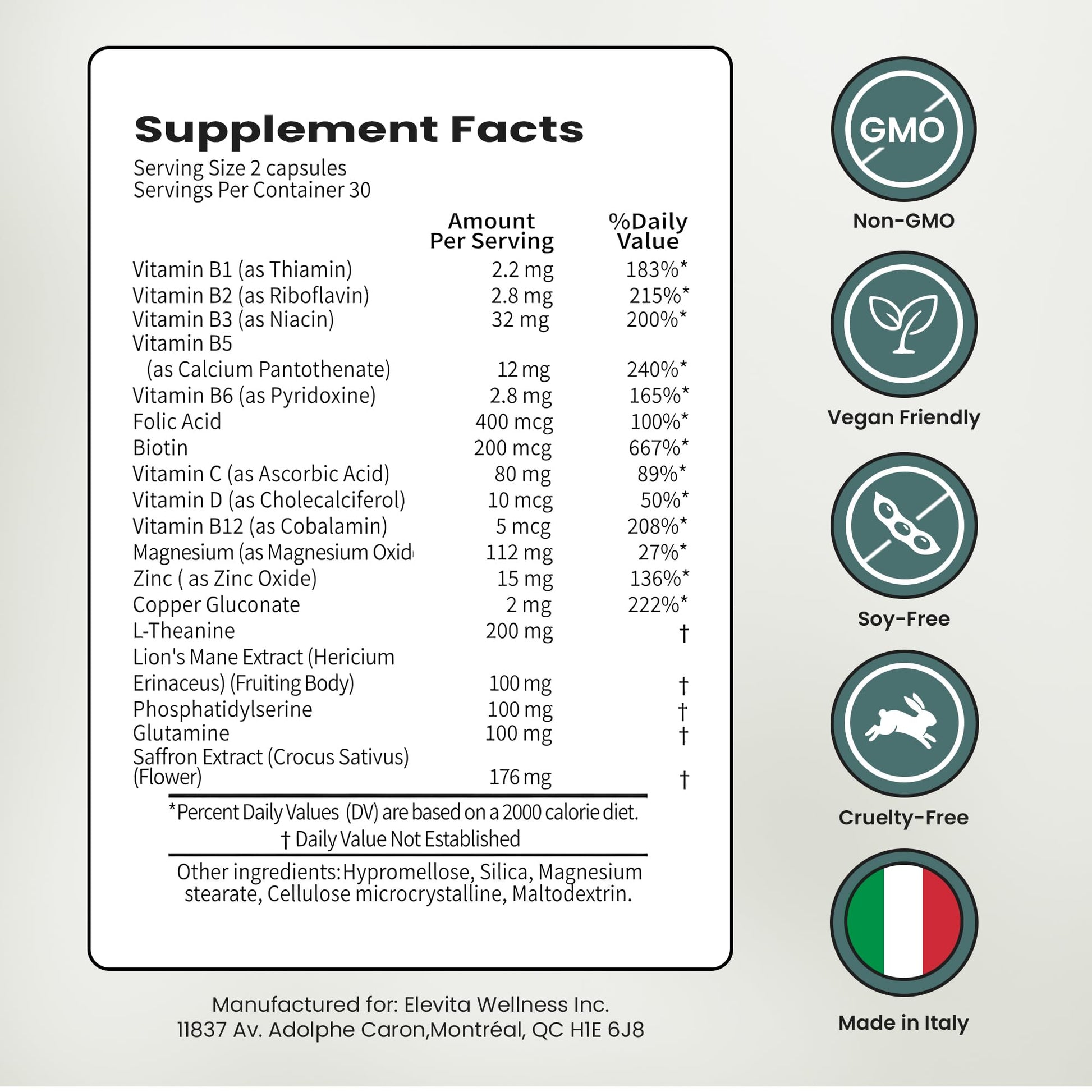 ELEVITA WELLNESS Focus Supplement (Made in Italy) | Premium Blend with L-Theanine, Lion's Mane & B Vitamins, Saffron and Vitamin D | Focus & Cognitive Support for Men & Women - Maple Wellness Supplements