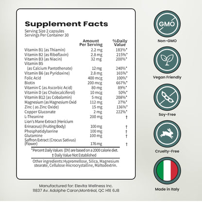 ELEVITA WELLNESS Focus Supplement (Made in Italy) | Premium Blend with L-Theanine, Lion's Mane & B Vitamins, Saffron and Vitamin D | Focus & Cognitive Support for Men & Women - Maple Wellness Supplements