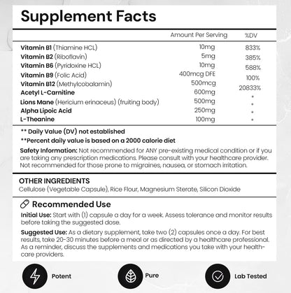 Elite Brain - Nootropic Supplement for Focus, Memory & Mental Clarity – Caffeine-Free Natural Energy with Lion’s Mane, L-Theanine & Vitamin B Complex (60 Capsules) - Maple Wellness Supplements