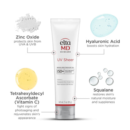 EltaMD UV Sheer Face and Body Sunscreen SPF 50+, Oil Free, No White Cast Sunscreen for Face and Body, Zinc Oxide Formula, 3.0 oz Tube - Maple Wellness Supplements