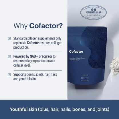 ELYSIUM Cofactor – 4-in-1 Collagen Peptides Powder w/NAD+, Hyaluronic Acid & Vitamin C for Skin, Hair, Nails, Joints & Cellular Health, Collagen Supplements for Men & Women – Unflavored, 28 Servings - Maple Wellness Supplements