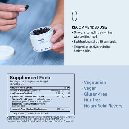 ELYSIUM Mosaic - Hyaluronic Acid Supplement - Clinically Proven - Fights Fine Lines & Skin Aging - Collagen Supplement - 30-Day Supply (Vegan Softgels) - Maple Wellness Supplements