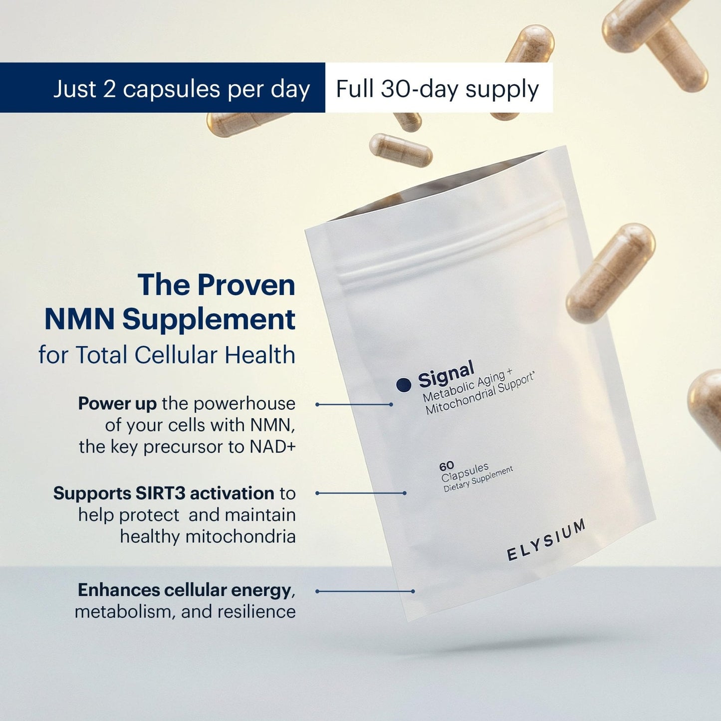 ELYSIUM Signal NMN Supplement - Clinically Proven to Support NAD+ Production, Mitochondrial Function & Metabolic Health - Nicotinamide Mononucleotide and SIRT3 Activation Complex- 30 Day Supply - Maple Wellness Supplements