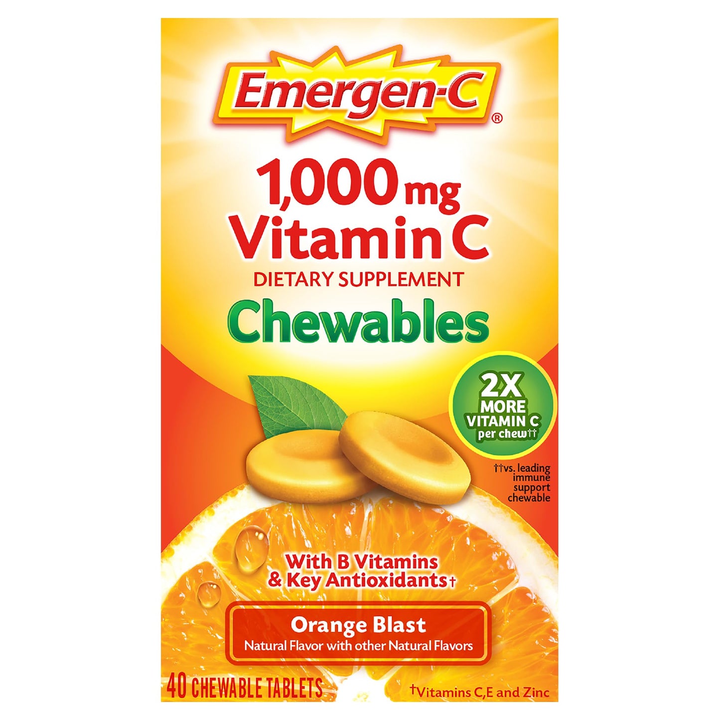 Emergen-C Chewable Vitamin C 1000mg, With B Vitamins And Antioxidants Tablet (40 Count, Orange Blast Flavor), Dietary Supplement - Maple Wellness Supplements