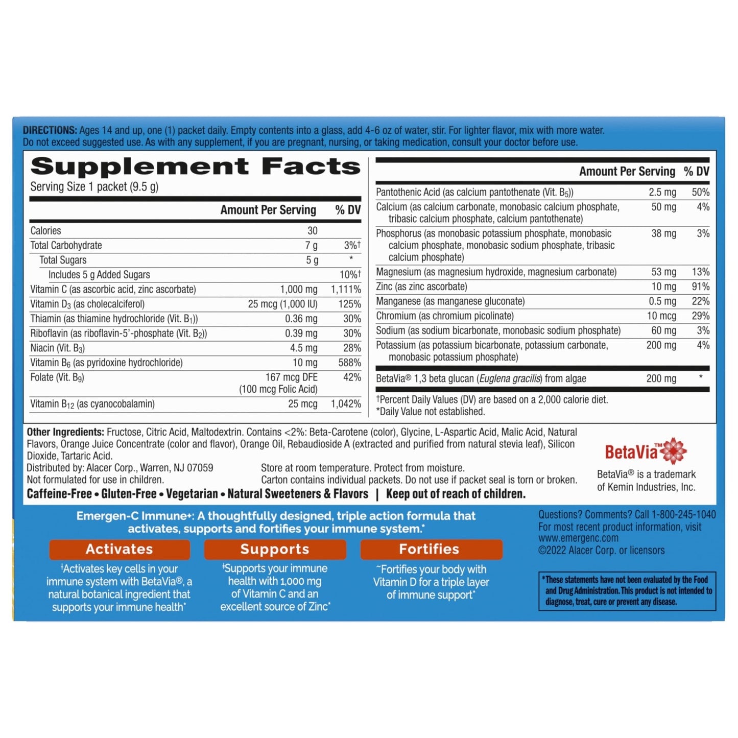 Emergen-C Immune+ Triple Action Immune Support Powder, BetaVia (R), 1000mg Vitamin C, B Vitamins, Vitamin D and Antioxidants - Maple Wellness Supplements