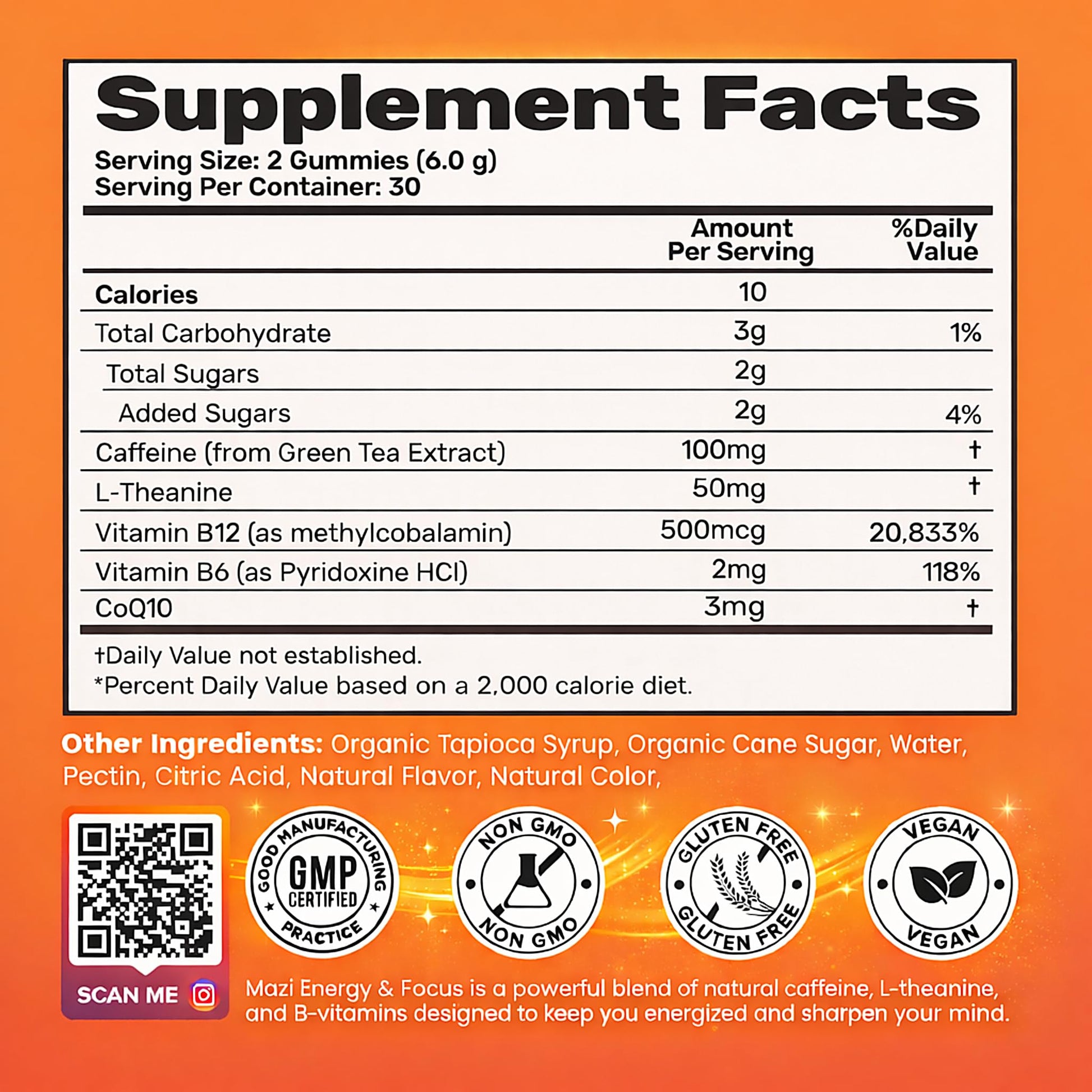 Energy & Focus Gummies | 100mg Natural Caffeine + L-Theanine + Vitamin B6 & B12 + CoQ10 | Nootropic Cognitive Brain Performance Supplement | No Crash or Jitters - Maple Wellness Supplements