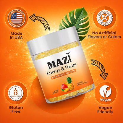 Energy & Focus Gummies | 100mg Natural Caffeine + L-Theanine + Vitamin B6 & B12 + CoQ10 | Nootropic Cognitive Brain Performance Supplement | No Crash or Jitters - Maple Wellness Supplements
