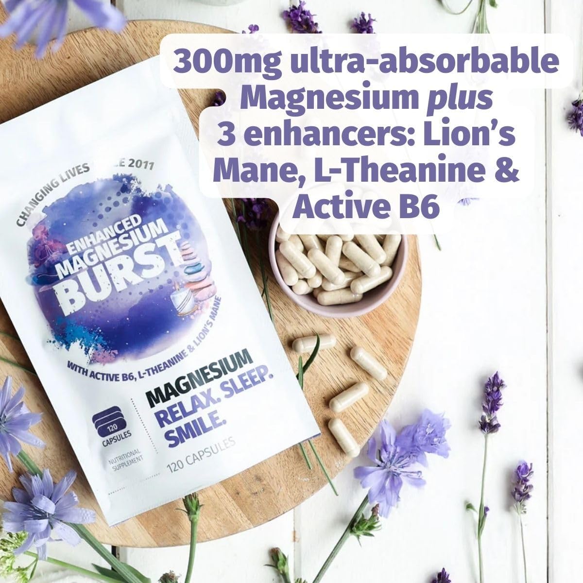 Enhanced Magnesium (Capsules) | Precise 300mg per Serving | Enhancement Blend: Organic Lion's Mane Extract, L-theanine, Active Vitamin B6 | 120 Capsules - by Organic Burst - Maple Wellness Supplements