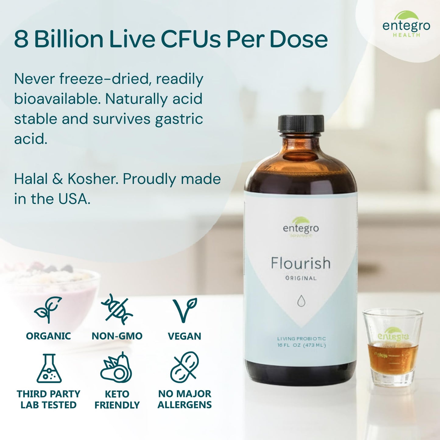 ENTEGRO Flourish Original Liquid Probiotic & Postbiotic Supplement - Glass | 11 Live Cultures | Gut & Digestive Health for Women, Men & Kids | Organic, Vegan - Maple Wellness Supplements