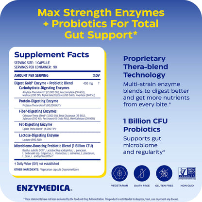 Enzymedica Digest Gold + Probiotics - Digestive Enzyme Supplement for Women & Men, Enzyme and Probiotic Capsules for Digestion, Gut Health Support, - Maple Wellness Supplements