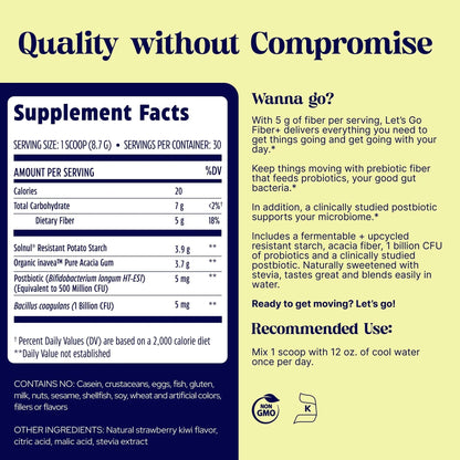 Enzymedica, Let’s Go Fiber+ Strawberry & Kiwi, Prebiotics & Probiotics, Postbiotic, Soluble Fiber for Gut Health, Regularity, Powder for Men & Women, Sugar-Free, 30 Servings - Maple Wellness Supplements