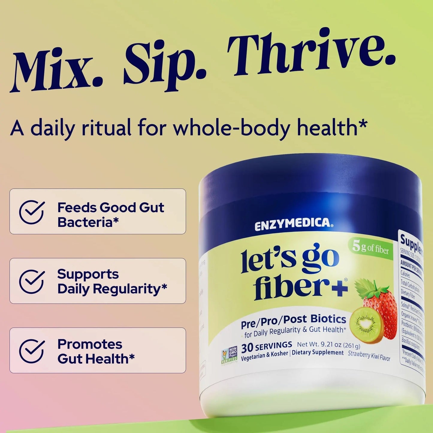 Enzymedica, Let’s Go Fiber+ Strawberry & Kiwi, Prebiotics & Probiotics, Postbiotic, Soluble Fiber for Gut Health, Regularity, Powder for Men & Women, Sugar-Free, 30 Servings - Maple Wellness Supplements