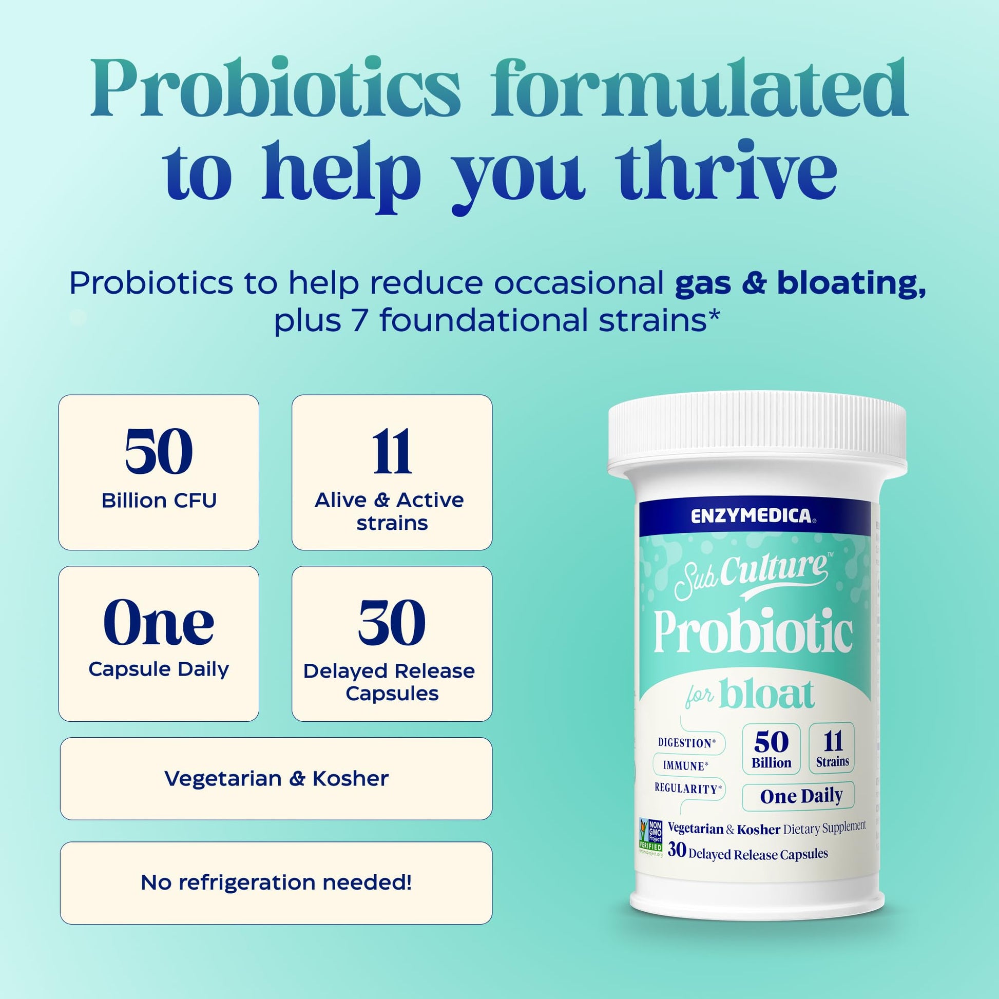 Enzymedica SubCulture Probiotic for Bloat & Digestive Health - Probiotic Supplement Capsules for Women & Men, 50 Billion CFU, Gut Health Support for Adults, - Maple Wellness Supplements