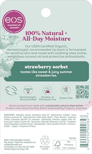 eos 100% Natural & Organic Lip Balm - Strawberry Sorbet, All-Day Moisture, Dermatologist Recommended for Sensitive Skin Care, Lip Care Products, 0.25 oz - Maple Wellness Supplements
