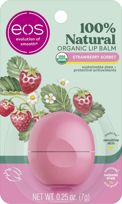 eos 100% Natural & Organic Lip Balm - Strawberry Sorbet, All-Day Moisture, Dermatologist Recommended for Sensitive Skin Care, Lip Care Products, 0.25 oz - Maple Wellness Supplements