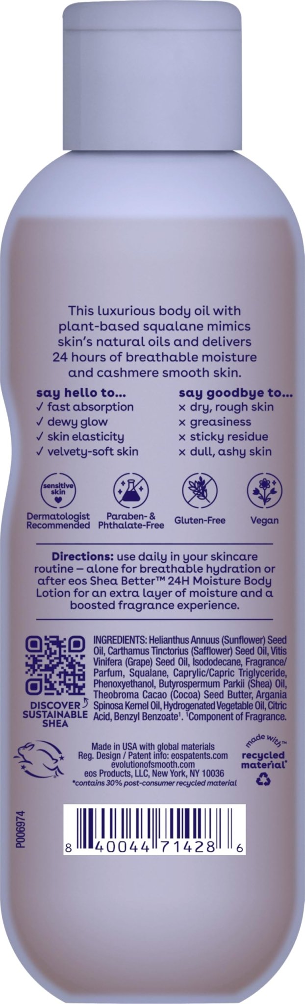 eos Cashmere Oil, Vanilla, 24 Hour Moisture, Plant-Based Squalane to Soothe, Soften and Smooth Dry Skin, 6 fl oz - Maple Wellness Supplements