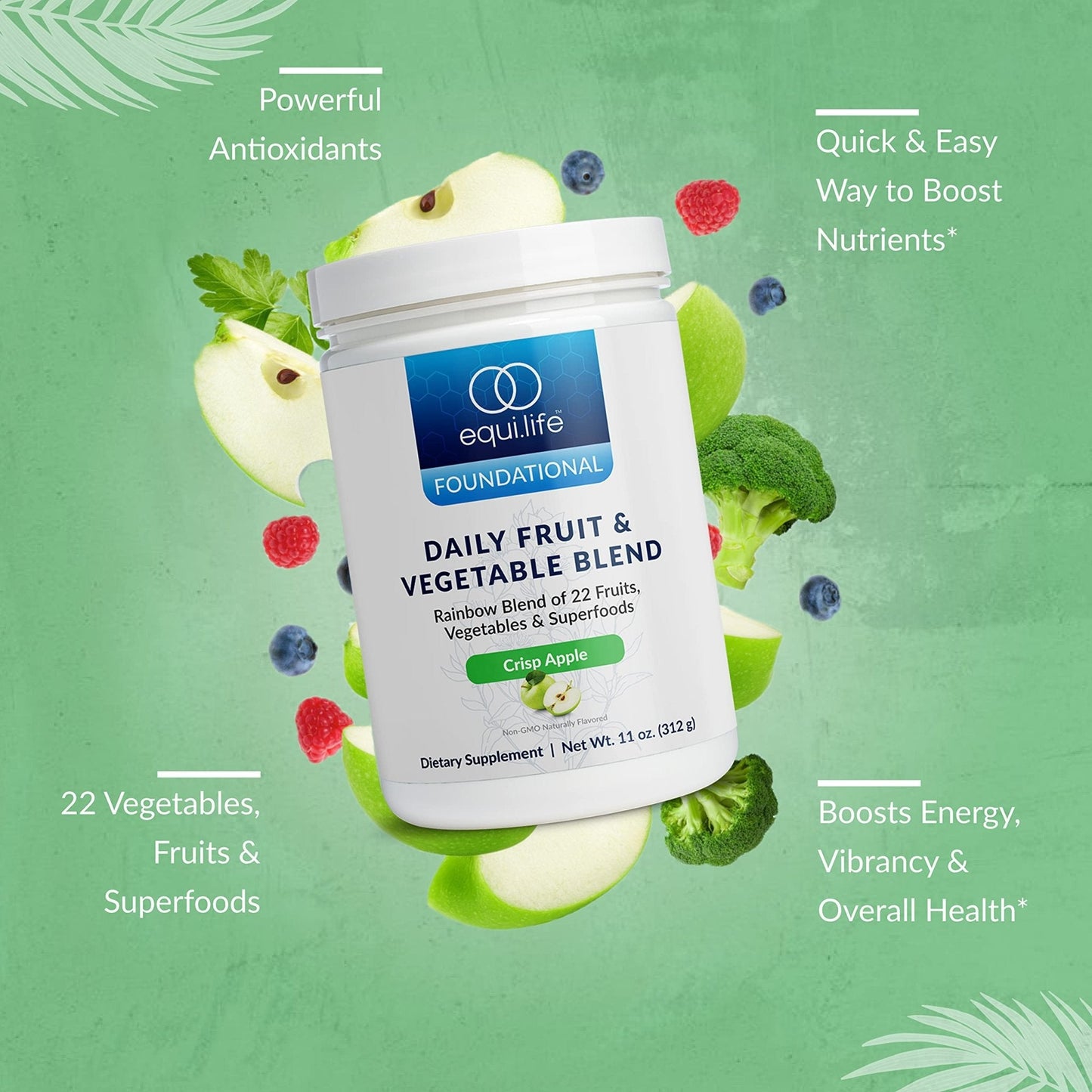 Equilife Daily Fruit & Vegetable Blend, Superfood Antioxidant Supplement, Crisp Apple Flavor with Vitamin C, Fiber, and 9 Essential Amino Acids, Supports Energy, Low Sugar, Vegan, 30 Servings Tub - Maple Wellness Supplements